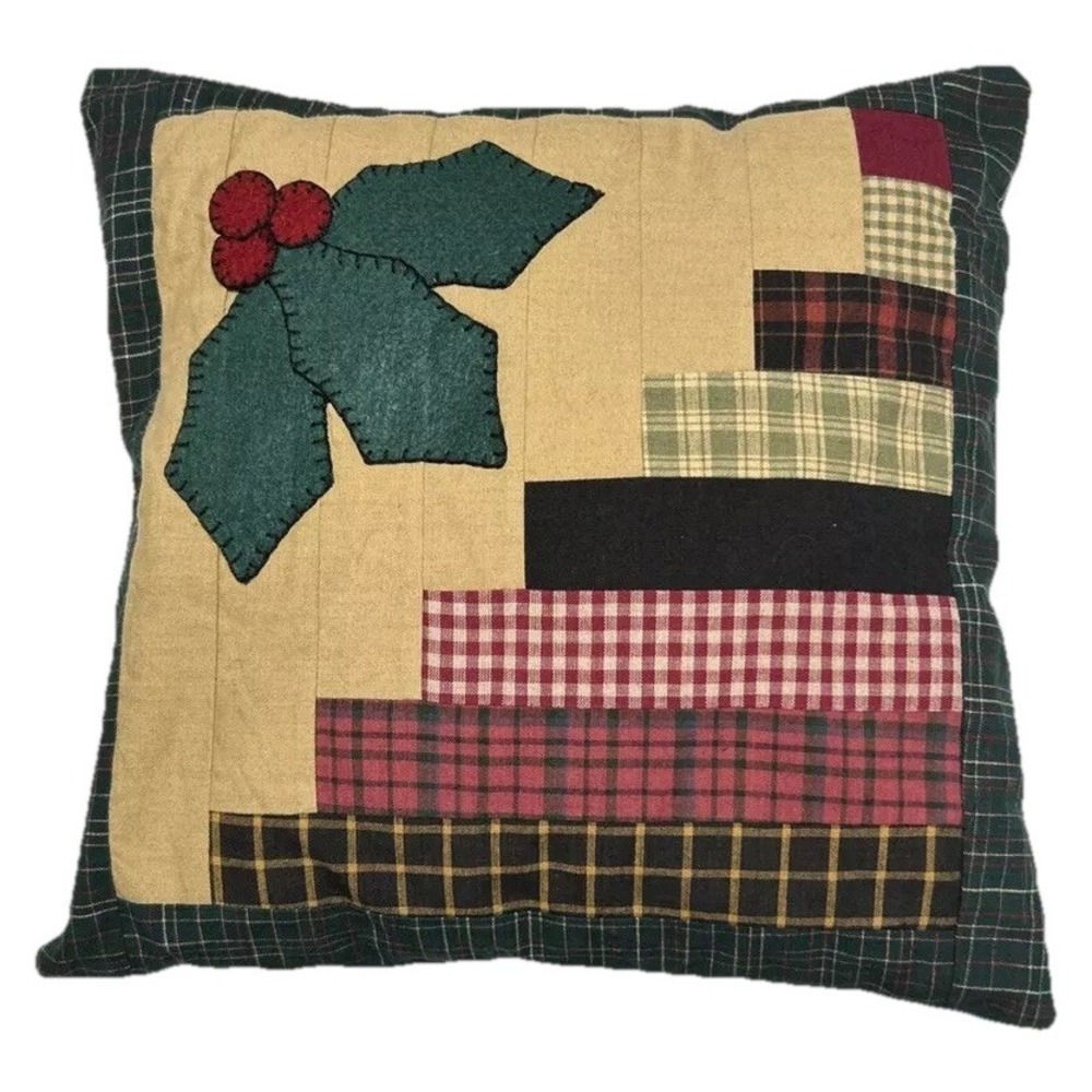 Pillow Christmas Holly Patchwork Handmade Open Back Cover Green Red 12" x 12"